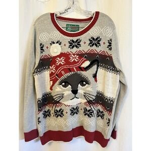 Vintage Ugly Christmas Sweater Cat Wearing Santa Hat Sz XXL